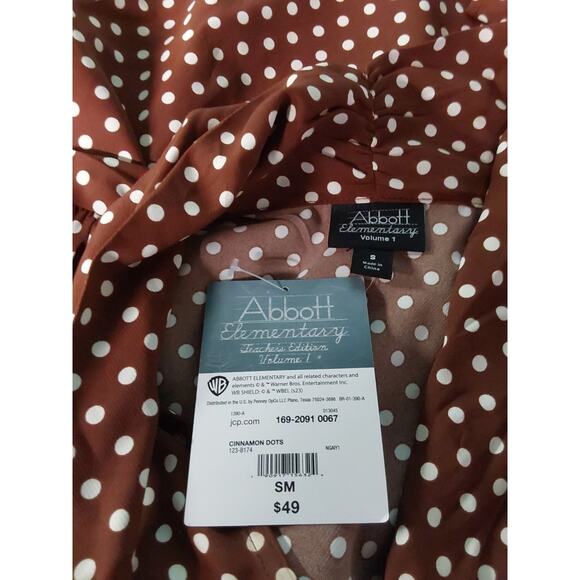 *NWT* Abbott Elementary S Brown/White Dots Long Sleeve Blouse W/Tassele #L6 - Picture 4 of 4